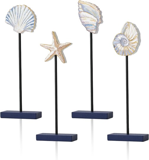 Greentek; 4 Pcs Wooden Summer Table Decor – Coastal Beach Block Signs with Conch, Starfish, Shell & Nautilus Design, Summer Indoor Decorations for Home Kitchen Shelf Mantel Table Centerpieces; Category:Tabletop Decor; Image:1
